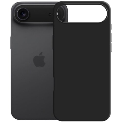 Na zdjęciu widoczne jest czarne etui na telefon oraz tył telefonu z logo w kształcie nadgryzionego jabłka. Etui ma wycięcie na aparat i jest wykonane z gładkiego materiału.