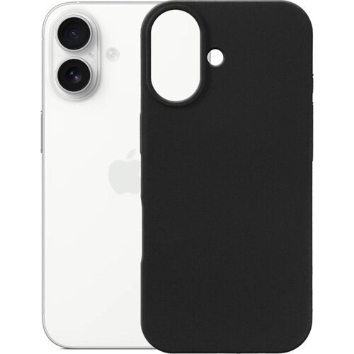 Grafitowe etui wykonane z silikonu, przeznaczone do telefonu Apple iPhone 17, jest pokazane obok białego telefonu z widocznym logo w kształcie nadgryzionego jabłka. Etui ma wycięcia na aparat i dodatkowy otwór, co zapewnia dopasowanie do urządzenia.
