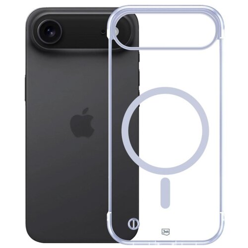 Czarny smartfon z widocznym logo jabłka oraz przezroczyste etui z okrągłym wzorem i napisem "3mk" na dole.