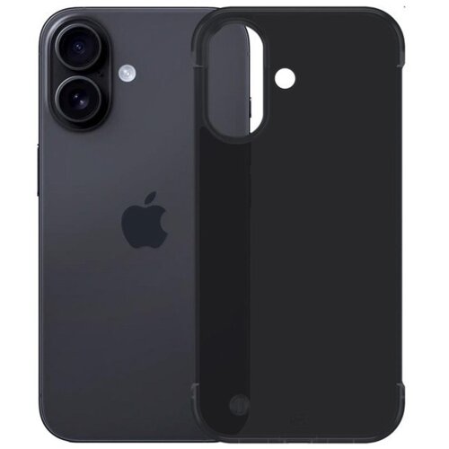 Na zdjęciu widoczny jest czarny telefon z logo w kształcie nadgryzionego jabłka oraz czarne etui z wycięciami na aparat i przyciski. Etui jest przezroczyste, matowe i dopasowane do kształtu telefonu.