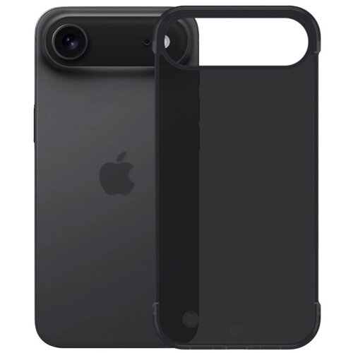 Czarne etui na telefon z wycięciem na aparat, obok widoczny tył telefonu z logo w kształcie nadgryzionego jabłka. Produkt to "Etui 3MK Just20g Matt Case do Apple iPhone 17 Air Czarny".