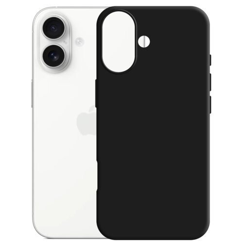 Czarne etui na telefon z wycięciami na aparat i przyciski, umieszczone przed białym telefonem z widocznym logo w kształcie nadgryzionego jabłka. Telefon ma dwa obiektywy aparatu i błyszczącą powierzchnię.