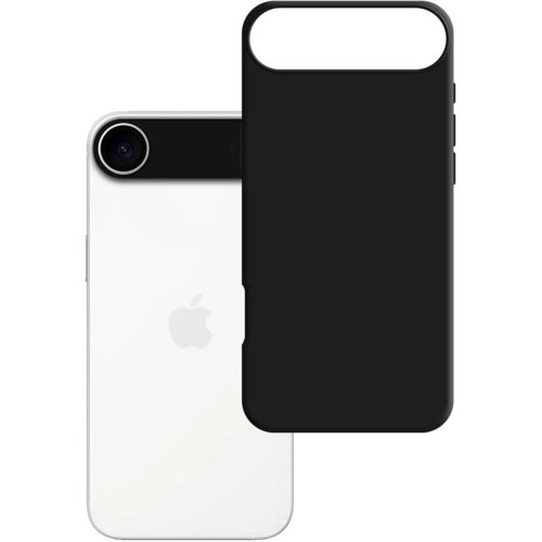 Czarne etui na telefon jest przedstawione obok białego smartfona z widocznym logo w kształcie nadgryzionego jabłka. Etui ma matowe wykończenie i wycięcie na aparat fotograficzny.
