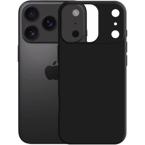 Czarne etui na telefon z wycięciami na aparat i przyciski jest umieszczone obok smartfona z trzema obiektywami aparatu. Na obudowie telefonu widoczne jest logo w kształcie nadgryzionego jabłka.