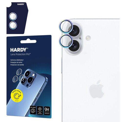 Opakowanie produktu "HARDY Lens Protection Pro" z napisem "Ochrona obiektywu/Proteção de lente/Protection de lentille" oraz zdjęcie telefonu z nałożonymi tęczowymi nakładkami na obiektywy aparatu. Na opakowaniu widoczne są ikony symbolizujące odporność na