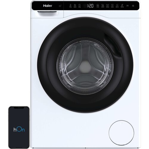 Biała pralka z czarnym panelem i okrągłym, przezroczystym bębnem, na którym widnieje logo "Haier". Obok pralki znajduje się smartfon z wyświetlonym logo "hOn".