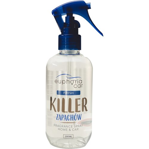 Przezroczysta butelka z niebieskim atomizerem zawiera produkt "euphoria car FRESH KILLER ZAPACHÓW" o pojemności 200 ml, z napisem "FRAGRANCE SPRAY HOME & CAR".