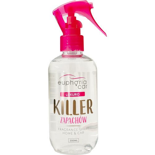 Przezroczysta butelka z różowym atomizerem zawiera napis "euphoria car LUXURO KILLER ZAPACHÓW FRAGRANCE SPRAY HOME & CAR 200ML". Produkt jest przeznaczony do neutralizacji zapachów.