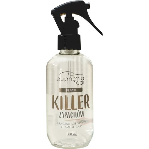 Przezroczysta butelka z czarnym atomizerem zawiera napis "euphoria car BLACK KILLER ZAPACHÓW FRAGRANCE SPRAY HOME & CAR 200 ML". Produkt jest przeznaczony do neutralizacji zapachów.