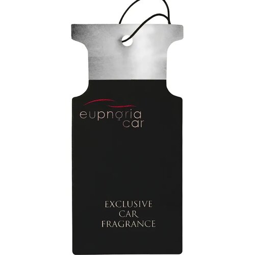 Czarny odświeżacz do samochodu z napisem "euphoria car" w górnej części oraz "EXCLUSIVE CAR FRAGRANCE" w dolnej części. Produkt ma prostokątny kształt z zaokrąglonymi rogami i otworem na sznurek u góry.