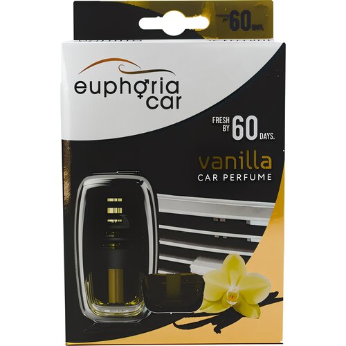 Opakowanie produktu "Euphoria Car" przedstawia odświeżacz do samochodu o zapachu wanilii, z napisem "Fresh by 60 days" oraz "vanilla car perfume". Na opakowaniu widoczny jest również obrazek odświeżacza oraz kwiat wanilii.