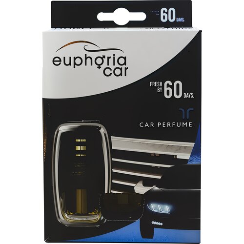 Opakowanie odświeżacza do samochodu z napisem "euphoria car" oraz "FRESH BY 60 DAYS" i "CAR PERFUME". Widoczny jest również obrazek przedstawiający odświeżacz oraz fragment samochodu z włączonymi światłami.