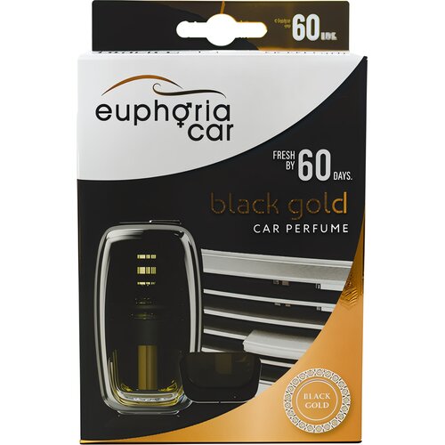 Opakowanie odświeżacza do samochodu z napisem "euphoria car" oraz "black gold car perfume". Widoczny jest również tekst "fresh by 60 days" oraz okrągłe logo z napisem "BLACK GOLD".