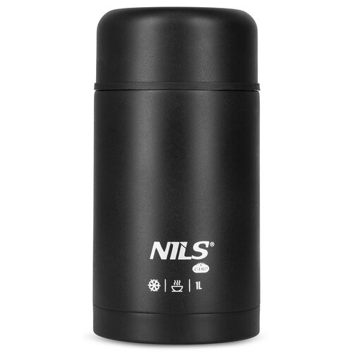 Czarny termos na jedzenie o pojemności 1000 ml z widocznym logo "NILS" oraz symbolami przedstawiającymi śnieżynkę, filiżankę i napis "1L". Produkt ma gładką, matową powierzchnię i prosty, cylindryczny kształt.