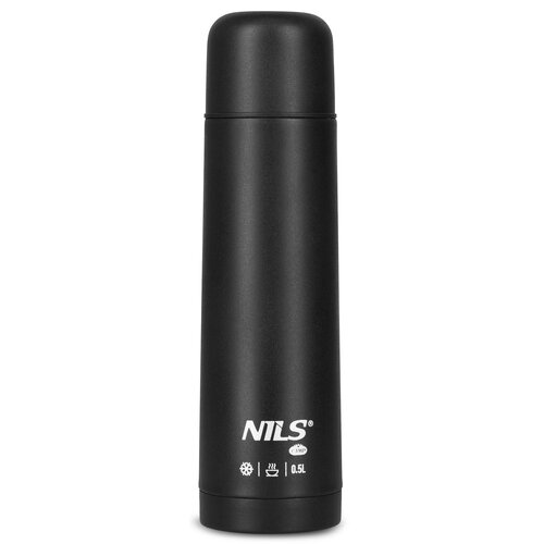 Czarny termos o pojemności 500 ml z matowym wykończeniem. Na dole widoczne jest białe logo "NILS" oraz ikony symbolizujące zimno, ciepło i pojemność 0.5L.