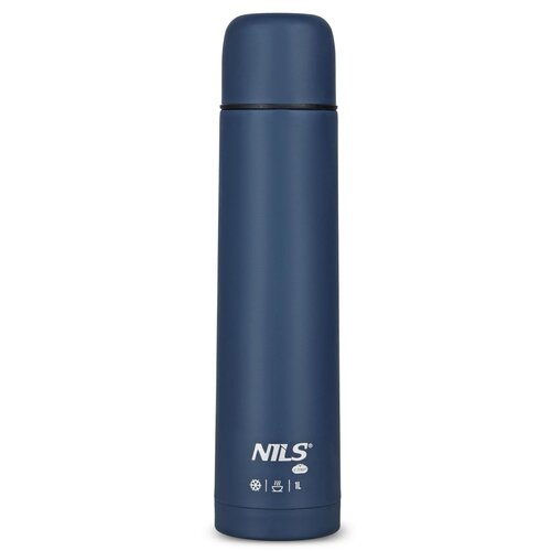 Na zdjęciu widoczny jest niebieski termos o pojemności 1000 ml. Na dolnej części termosu znajduje się logo "NILS" oraz ikony przedstawiające śnieżynkę, filiżankę z parą i symbol 1L.