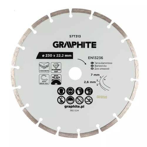 Na zdjęciu znajduje się tarcza do cięcia z oznaczeniami: "57T313", "GRAPHITE", "Ø 230 x 22.2 mm", "EN13236", oraz piktogramami dotyczącymi bezpieczeństwa. Widoczny jest również adres strony internetowej "graphite.pl" oraz numer "302.1224".