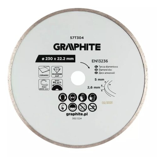 Na zdjęciu widoczna jest tarcza do cięcia z napisem "GRAPHITE" oraz oznaczeniami technicznymi: "Ø 230 x 22.2 mm", "EN13236", "Tarcza diamentowa", a także piktogramami dotyczącymi bezpieczeństwa i użytkowania. Na dole znajduje się adres strony "graphite.pl