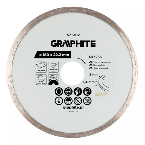 Tarcza do cięcia GRAPHITE 57T302 o średnicy 180 mm i otworze 22,2 mm, z oznaczeniami dotyczącymi materiałów do cięcia, maksymalnej prędkości obrotowej 8600 min⁻¹ oraz prędkości liniowej 80 m/s. Widoczne są również piktogramy dotyczące bezpieczeństwa oraz 