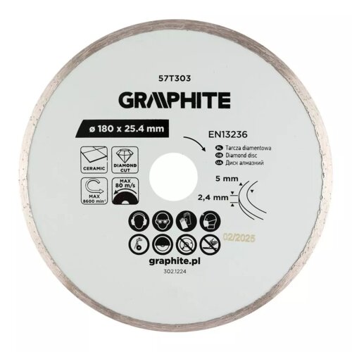 Tarcza do cięcia GRAPHITE 57T303 o średnicy 180 mm i otworze 25,4 mm, z oznaczeniami dotyczącymi materiałów, maksymalnej prędkości obrotowej 8600 min⁻¹ oraz prędkości 80 m/s. Widoczne są piktogramy bezpieczeństwa, tekst "EN13236", "Tarcza diamentowa", "gr