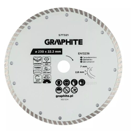 Na zdjęciu znajduje się tarcza do cięcia z oznaczeniem "GRAPHITE 57T321" o średnicy 230 mm i otworze 22,2 mm. Widoczne są piktogramy dotyczące zastosowania i bezpieczeństwa oraz tekst "EN13236", "Tarcza diamentowa", "graphite.pl" i numer "302.1224".