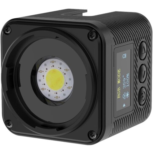 Kompaktowa lampa LED z widocznym centralnym źródłem światła otoczonym diodami, posiada wyświetlacz z napisem "RGB MODE 359° 100%". Obok wyświetlacza znajdują się trzy przyciski, a obudowa ma teksturowaną powierzchnię.