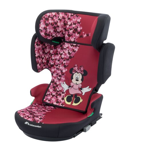 Różowy fotelik samochodowy z motywem Minnie Mouse, ozdobiony wzorem z serc i postacią Minnie w sukience. Na dole widoczne jest logo "bebeconfort".
