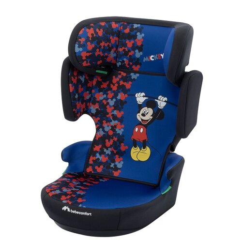 Granatowy fotelik samochodowy z motywem Myszki Miki, ozdobiony kolorowymi sylwetkami głowy Myszki Miki na oparciu i siedzisku. Na foteliku widoczne są napisy "Mickey" oraz logo "bebeconfort".