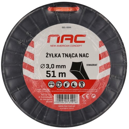 Czarna szpula z żyłką tnącą, na której widnieje logo "NAC" oraz napis "Żyłka tnąca NAC" o średnicy 3,0 mm i długości 51 m, z oznaczeniem kształtu kwadratowego. Na dole znajdują się piktogramy dotyczące bezpieczeństwa oraz informacje kontaktowe producenta,