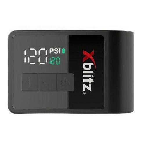 Czarny panel z wyświetlaczem pokazującym "120 PSI" oraz ikonę baterii, poniżej widoczne są trzy przyciski. Po prawej stronie znajduje się logo "xblitz".