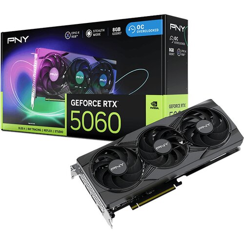 Na zdjęciu znajduje się karta graficzna z trzema wentylatorami oraz jej opakowanie z napisem "PNY GeForce RTX 5060". Na opakowaniu widoczne są także oznaczenia "EPIC-X RGB", "STEALTH MODE", "8GB GDDR7", "OC OVERCLOCKED", a także logo NVIDIA.