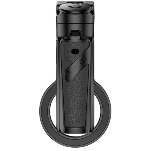 Czarny uchwyt selfie z widocznym logo "Ulanzi" na teksturowanej powierzchni. Produkt ma okrągły element na dole i prostokątną część centralną.