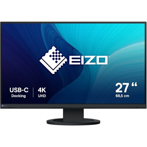 Monitor z czarną ramką wyświetla niebiesko-turkusową grafikę z logo "EIZO" na środku. Na ekranie widoczny jest tekst: "USB-C Docking", "4K UHD", "27” 68,5 cm".