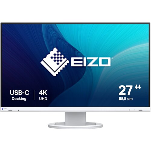 Monitor z białą ramką i podstawą, na ekranie widoczne logo "EIZO" oraz napisy: "USB-C Docking", "4K UHD", "27" 68,5 cm". Tło ekranu jest w odcieniach niebieskiego z abstrakcyjnym wzorem.