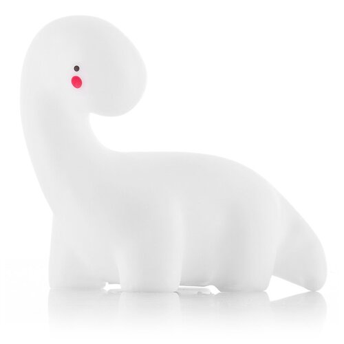 Biała lampka w kształcie dinozaura z różowym policzkiem i czarnym okiem, ustawiona na białym tle. Produkt ma gładką powierzchnię i zaokrąglone kształty.