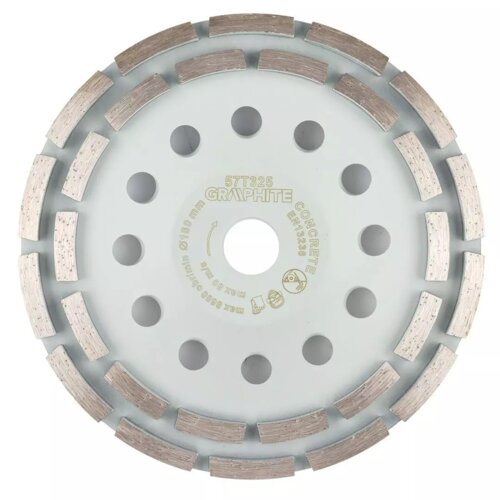 Tarcza do szlifowania GRAPHITE 57T325 o średnicy 180 mm z widocznymi segmentami szlifierskimi i otworami. Na tarczy znajduje się tekst: "57T325 GRAPHITE CONCRETE EN13236" oraz oznaczenia dotyczące bezpieczeństwa i kierunku obrotu.