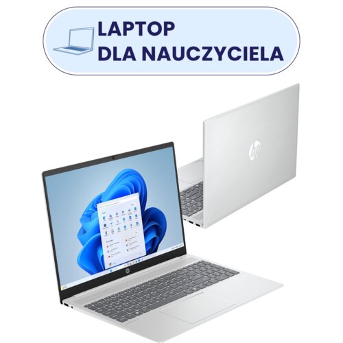 Na zdjęciu widoczny jest srebrny laptop z logo HP, z otwartym ekranem wyświetlającym interfejs systemu Windows 11. Nad laptopem znajduje się napis "LAPTOP DLA NAUCZYCIELA" na niebieskim tle z ikoną laptopa.
