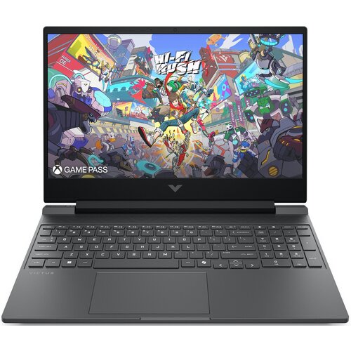 Laptop z otwartym ekranem, na którym wyświetlana jest kolorowa grafika z napisem "HI-FI RUSH" oraz logo "GAME PASS". Klawiatura jest widoczna poniżej ekranu, a na obudowie znajduje się logo producenta.