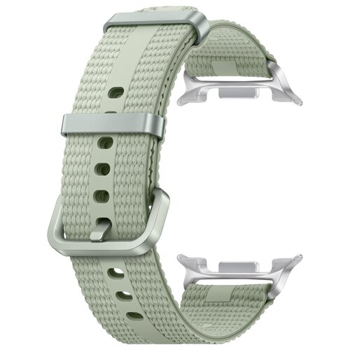 Jasnozielony pasek do zegarka wykonany z teksturowanego materiału, z metalową klamrą i regulowanymi otworami. Produkt przeznaczony jest do zegarków Galaxy Watch 8/8 Classic, w rozmiarze M/L, o szerokości 20 mm.
