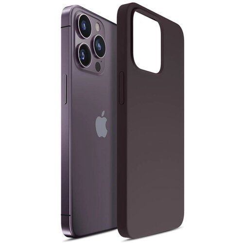 Ciemnofioletowe etui na telefon z dużym wycięciem na aparat, obok którego znajduje się smartfon z trzema obiektywami aparatu i logo w kształcie nadgryzionego jabłka. Etui ma gładką powierzchnię i otwory na przyciski boczne.