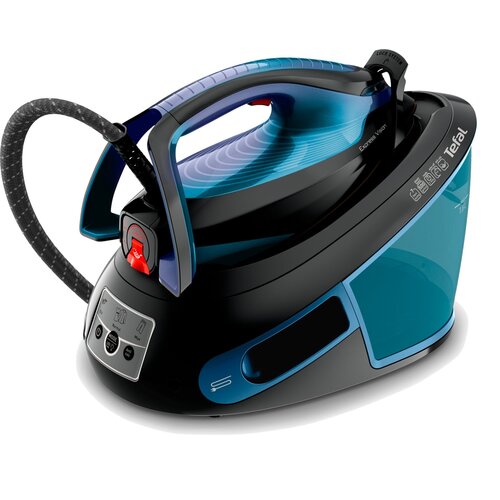Czarny generator pary z niebieskimi elementami, posiadający wyświetlacz z przyciskami oraz widoczny zbiornik na wodę. Na urządzeniu znajduje się logo "Tefal" oraz napis "Express Vision".