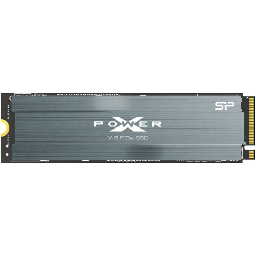 Na zdjęciu znajduje się dysk SSD z szarym, metalicznym wykończeniem, na którym widnieje napis "POWER X M.2 PCIe SSD" oraz logo "SP". Dysk ma złącze M.2 z widocznymi złotymi stykami.