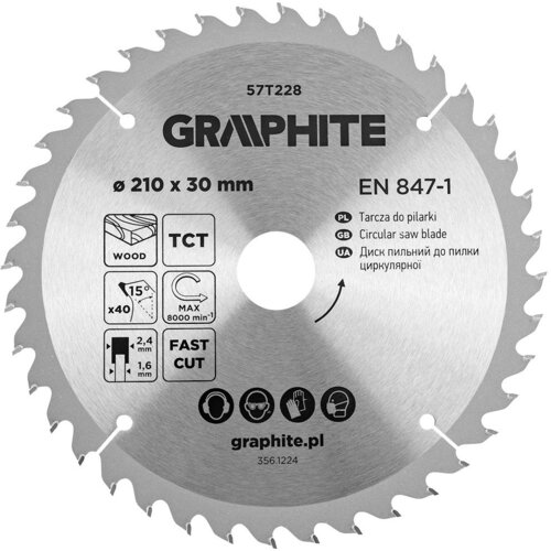 Na zdjęciu znajduje się okrągła tarcza do cięcia z widocznymi zębami, oznaczona jako "GRAPHITE 57T228" o średnicy 210 mm i otworze 30 mm. Na tarczy znajdują się piktogramy oraz napisy informujące o specyfikacji, takie jak "TCT", "FAST CUT", "EN 847-1", a 