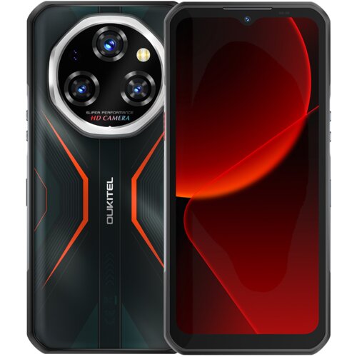 Smartfon OUKITEL WP55 Pro 5G 16/512GB 6.58" 120Hz w kolorze pomarańczowym, z widocznym dużym modułem aparatu z trzema obiektywami i napisem "SUPER PERFORMANCE HD CAMERA". Na ekranie wyświetlony jest abstrakcyjny, czerwony wzór.