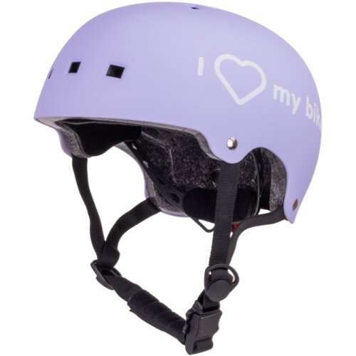 Lawendowy kask z napisem "I ♥ my bike" posiada regulowane paski i otwory wentylacyjne. Wewnątrz widoczna jest wyściółka, a na zewnątrz znajduje się lampka.