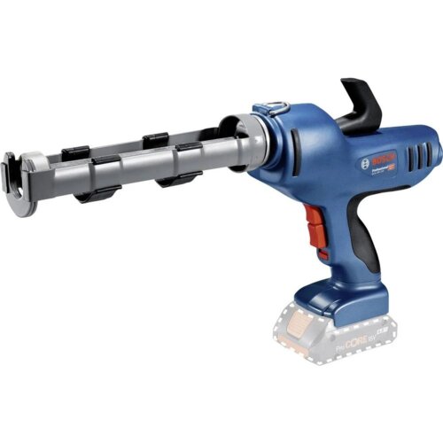 Na zdjęciu znajduje się niebieski wyciskacz marki Bosch z widocznym logo "BOSCH Professional" oraz oznaczeniem "ProCORE 18V". Urządzenie ma ergonomiczny uchwyt i metalowy mechanizm wyciskający.