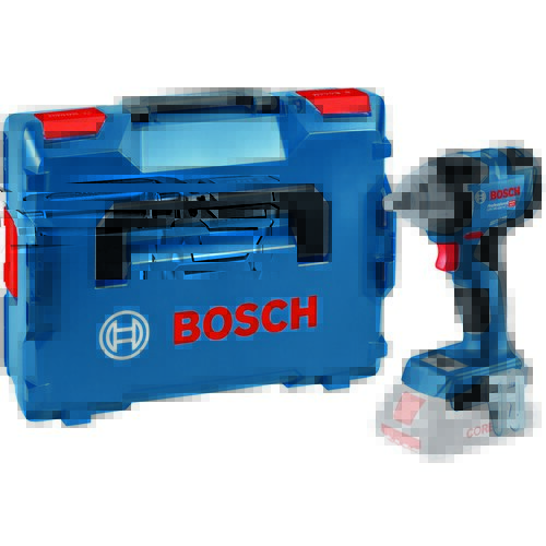 Na zdjęciu znajduje się niebieska walizka z czerwonym logo "BOSCH" oraz zakrętarka udarowa w kolorze niebiesko-czarnym z czerwonymi akcentami. Na zakrętarce widoczny jest napis "BOSCH Professional" oraz inne oznaczenia techniczne.