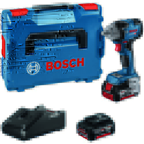Na zdjęciu znajduje się niebieska walizka z czarną rączką i czerwonym logo "BOSCH", obok której widoczna jest zakrętarka udarowa z czarno-niebieską obudową i czerwonymi akcentami. Poniżej znajdują się czarny ładowarka oraz akumulator z oznaczeniem "18V" i logo "BOSCH".
