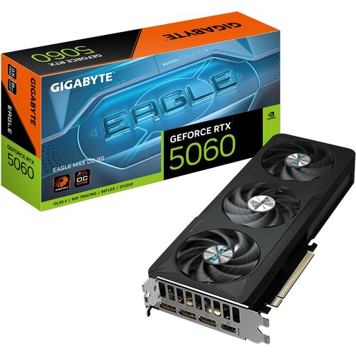 Pudełko z napisem "GIGABYTE GeForce RTX 5060" oraz "Eagle Max OC 8G" w kolorach niebieskim, zielonym i pomarańczowym, obok znajduje się karta graficzna z trzema wentylatorami. Na pudełku widoczne są także oznaczenia "DLSS 4", "Ray Tracing", "Reflex" i "St