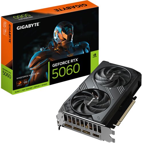 Pudełko karty graficznej GIGABYTE GeForce RTX 5060 Windforce Max OC 8GB z grafiką futurystycznego robota i napisami: "GIGABYTE", "GEFORCE RTX 5060", "DLSS 4 | RAY TRACING | REFLEX | STUDIO". Obok znajduje się sama karta graficzna z dwoma wentylatorami i l